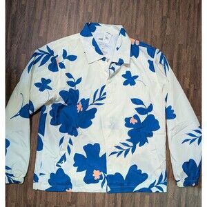NEW RSQ Men's Floral Jacket Windbreaker snap button closure blue and white Sz M